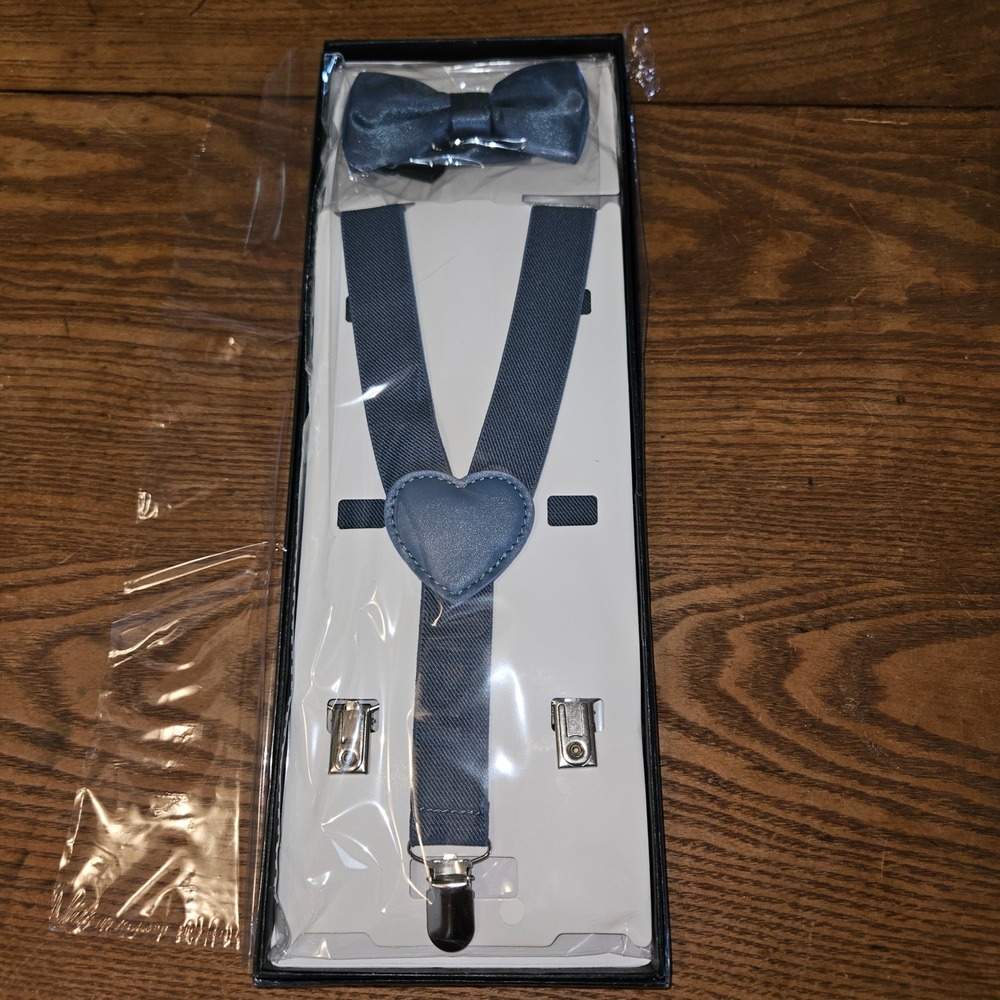 Kid Dusty Blue Bow Tie and Suspender Set Heart Detail Formal Wedding Ring Bearer